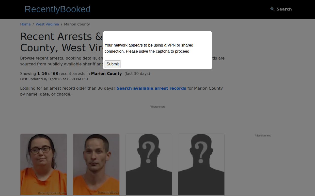 RecentlyBooked Marion County screen showing an unofficial booking-record lead