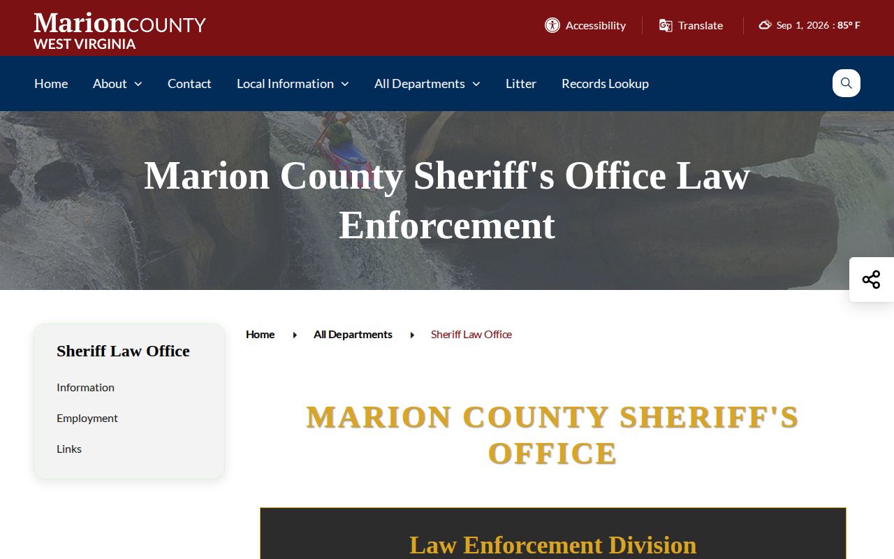 Marion County Sheriff Law Office booking-record contact page