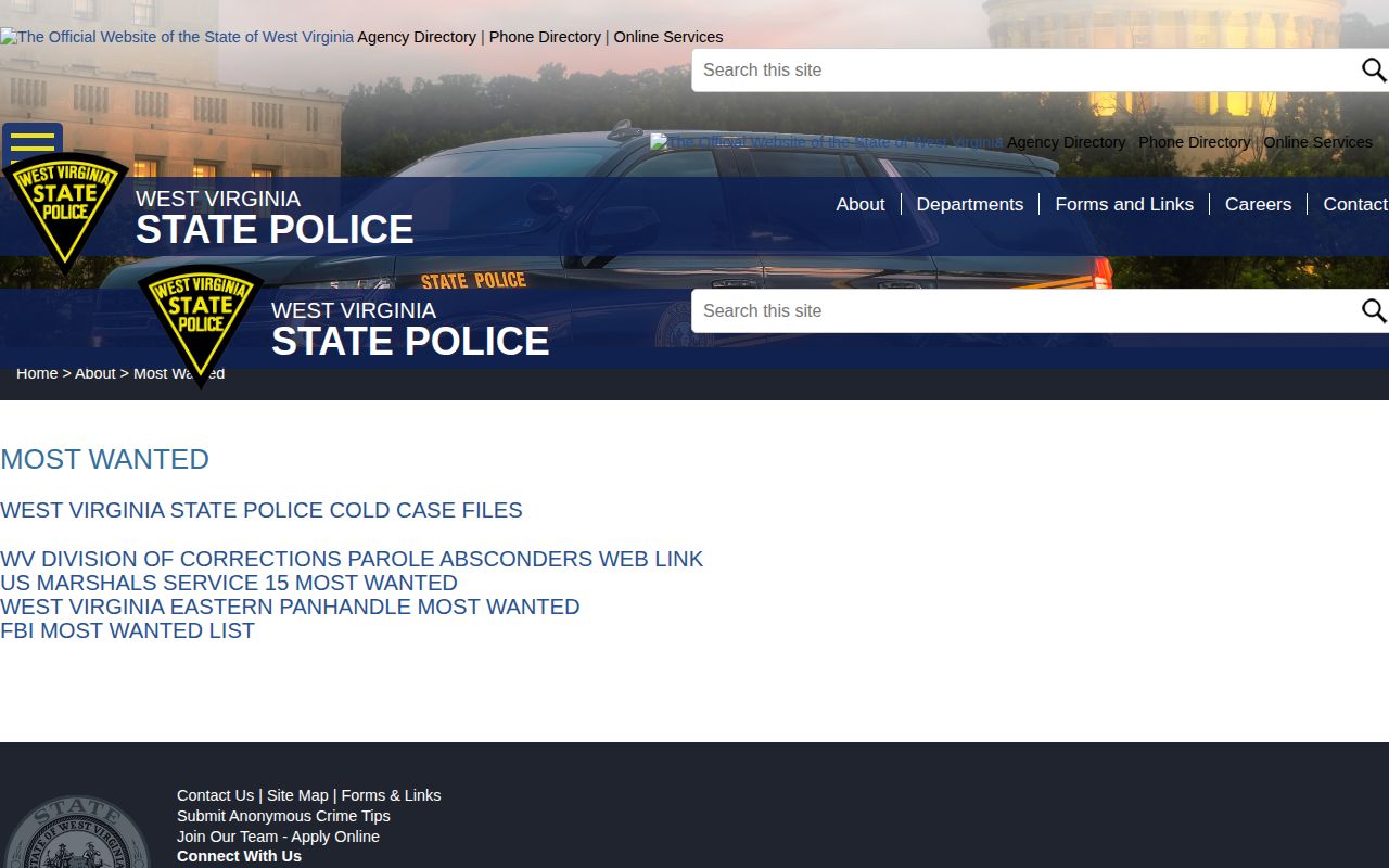 West Virginia State Police resource screen for Marion County wanted and warrant record checks